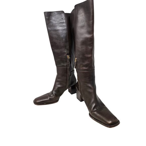 Y2K Sergio Rossi 39.5 Brown Leather Square Toe Chunky Boot Minimalist Whimsygoth - Picture 7 of 9
